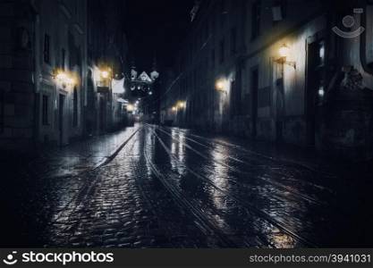 Rainy night in old European city