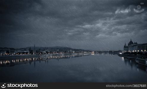 Rainy river at night. Budapest, Hungary