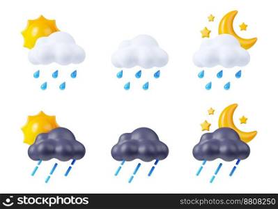 Rainy weather icons with sun, moon, clouds and water drops. Meteorology forecast symbols of rain, shower or downpour at day and night, 3d render set isolated on white background. Rainy weather icons with clouds and water drops