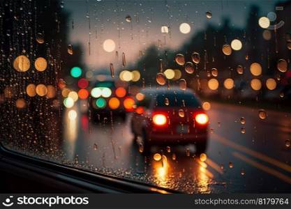 rainy weather on the roads view from the passenger window evening bokeh of lights Generative AI.