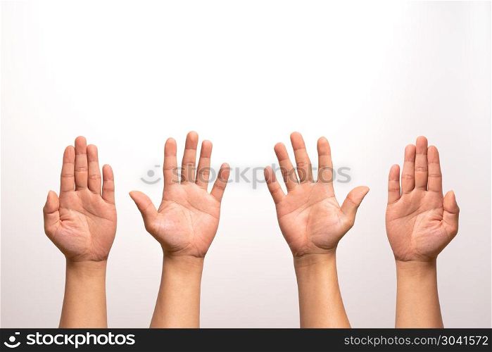 raise hand up, left and right hand raise isolate on white backgr. raise hand up, left and right hand raise isolate on white backgrounds in four action.