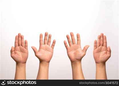 raise hand up, left and right hand raise isolate on white backgr. raise hand up, left and right hand raise isolate on white backgrounds in four action.