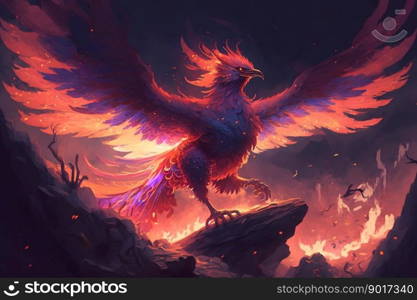 Raise of burning bird phoenix in the volcanic landscape. Neural network AI generated art. Raise of burning bird phoenix in the volcanic landscape. Neural network generated art