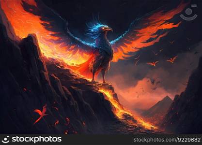 Raise of burning bird phoenix in the volcanic landscape. Neural network AI generated art. Raise of burning bird phoenix in the volcanic landscape. Neural network generated art