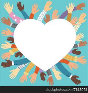 Raised hands volunteering and blue background vector concept