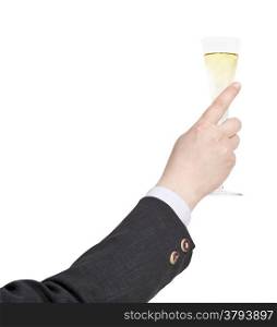 raising of champagne glass in businessman hand isolated on white background
