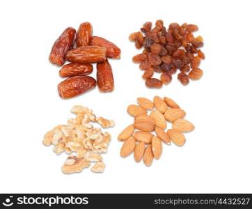 Raisins, nuts, dates and almonds isolated on a white background &#xA;