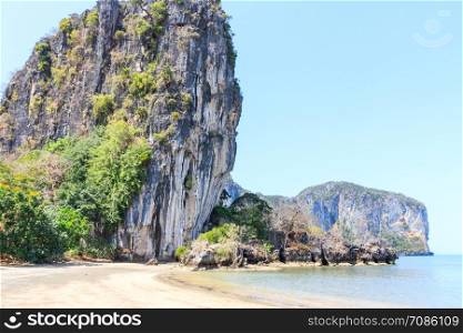 Rajamangala beach with limestone cliffs in the background,Trang province, Thailand