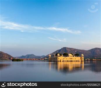 Rajasthan landmark - Jal Mahal (Water Palace) on Man Sagar Lake on sunset. Jaipur, Rajasthan, India