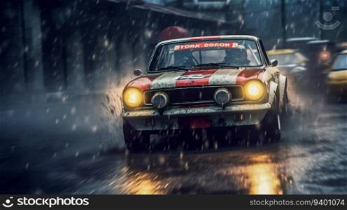 Rally Car Crossing the Finish Line in the Rain. Generative ai. High quality illustration. Rally Car Crossing the Finish Line in the Rain. Generative ai