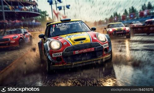 Rally Car Crossing the Finish Line in the Rain. Generative ai. High quality illustration. Rally Car Crossing the Finish Line in the Rain. Generative ai