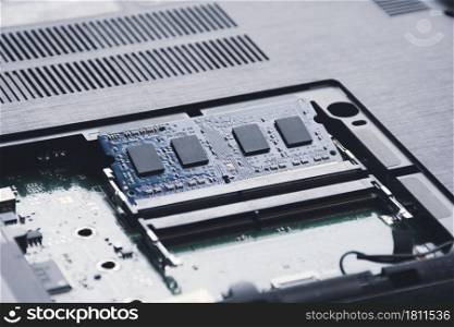 RAM (Random-access memory) in memory slot on the motherboard of laptop