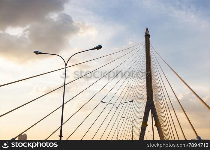 Rama VIII Bridge During the evening. Sunny and clear skies in the evening sun began to darken.