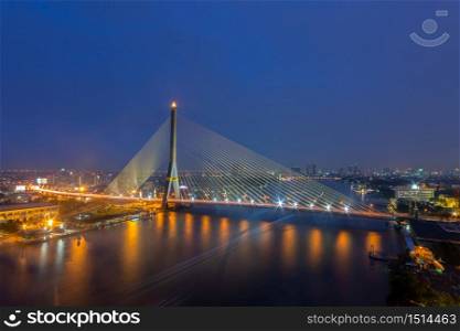 Rama VIII bridge in bangkok at twilight. Thailand beautiful bridge across the Chao Phraya river at dusk.