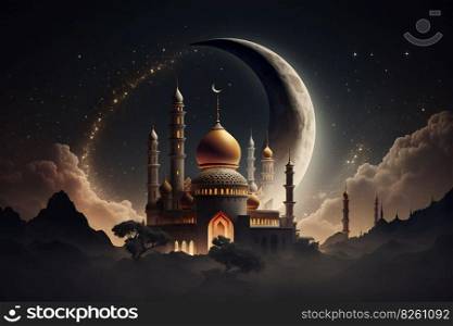 Ramadam kareem festival background with islamic mosque and crescent. Night starry sky and clouds. AI generated illustration. Ramadam kareem background. AI generated illustration