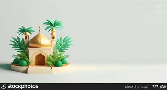 Ramadan Background with 3D Illustration of Mosque and Palm Trees