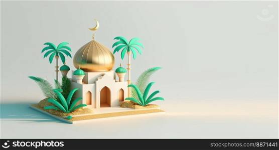 Ramadan Background with 3D Illustration of Mosque and Palm Trees