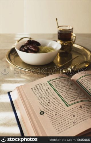 ramadan concept with open quran dates. High resolution photo. ramadan concept with open quran dates. High quality photo