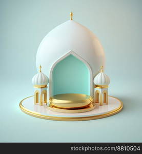 Ramadan islamic scene with golden 3d realistic mosque stage and podium for product presentation