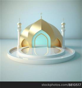 Ramadan islamic scene with golden 3d realistic mosque stage and podium for product presentation