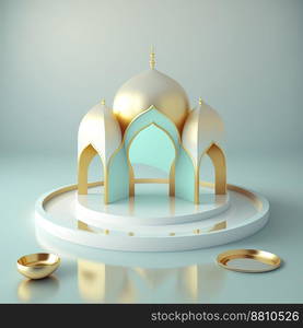 Ramadan islamic scene with golden 3d realistic mosque stage and podium for product presentation