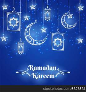 Ramadan Kareem blue background design. Ramadan Kareem background design with lamps, moon and stars on blue. Vector illustration