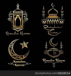 Ramadan Kareem golden logo set. Ramadan Kareem logo set. Vector golden arabic islamic emblems isolated on black