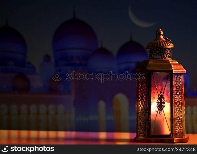 ramadan Kareem greeting photo with serene mosque background with beautiful glowing lantern.