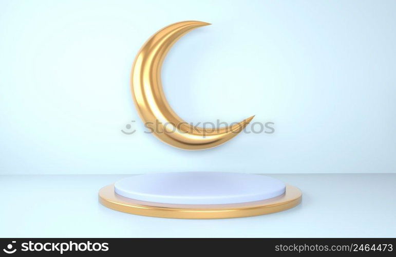 Ramadan Kareem greeting template with moon. Podium, stand on holiday light background for advertising products - 3d render.. Ramadan Kareem greeting template with moon. Podium, stand on holiday light background for advertising products - 3d render illustration for cards, greetings.