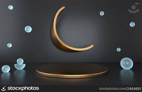 Ramadan Kareem greeting template with moon. Podium, stand on holiday light background for advertising products - 3d render.. Ramadan Kareem greeting template with moon. Podium, stand on holiday light background for advertising products - 3d render illustration for cards, greetings.