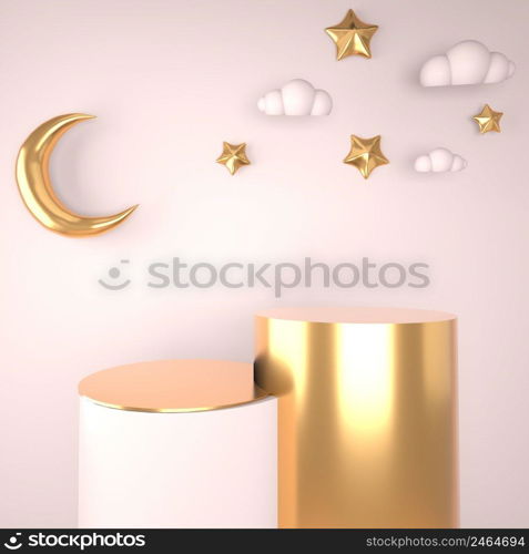 Ramadan Kareem greeting template with moon. Podium, stand on holiday light background for advertising products - 3d render.. Ramadan Kareem greeting template with moon. Podium, stand on holiday light background for advertising products - 3d render illustration for cards, greetings.