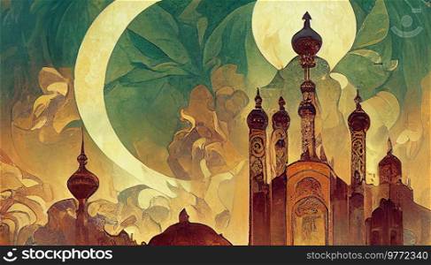Ramadan Kareem holiday, festive background with abstract cityscape. Ramadan Kareem holiday