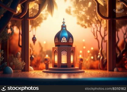 Ramadan Kareem Month , Mosque and lantern with burning candle glowing light at night , Generate Ai