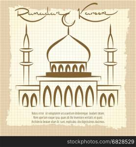 Ramadan Kareem vintage poster with mosque. Ramadan Kareem ancient scroll background. Vector vintage poster with mosque