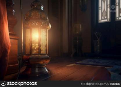 Ramadan lantern casting a warm glow on a wooden table in a dimly lit room, creating a cozy and peaceful atmosphere for iftar and Eid celebrations. AI Generative
