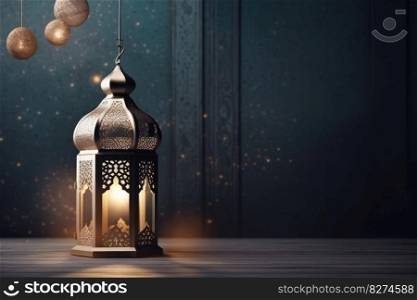 Ramadan lanterns on the table against a dark background with bokeh lights and street l&. Elegant greeting card with copy space for Muslim festivals and celebrations. AI Generative