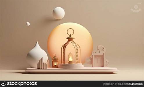 Ramadan mosque in the desert with a moon in the background, AI Generated