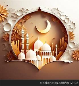 Ramadhan mosque paper cut background. Generative AI
