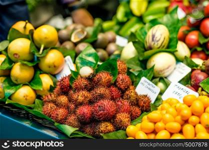 Rambutan and other tropical exotic fruits on street market
