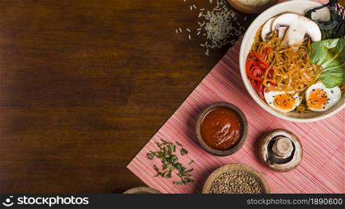 ramen noodles asian style with sauces wooden table . Resolution and high quality beautiful photo. ramen noodles asian style with sauces wooden table . High quality and resolution beautiful photo concept