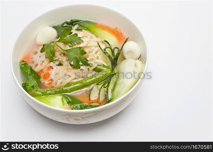 ramen, typical asian dish in bowl on white background