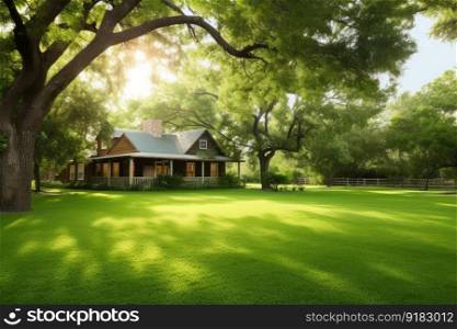 ranch house with lush green lawn surrounded by trees, created with generative ai. ranch house with lush green lawn surrounded by trees