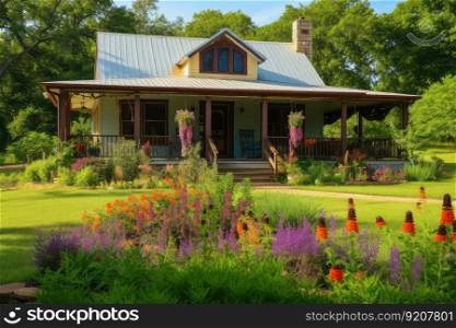 ranch house with wrap-around porch surrounded by colorful flowers, created with generative ai. ranch house with wrap-around porch surrounded by colorful flowers