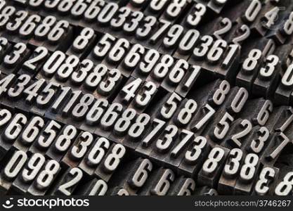 random numbers in vintage, grunge, dusty metal letterpress printing blocks