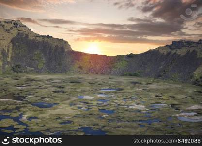 Rano Kau volcano, Easter island (Chile). sunset. Rano Kau volcano, Easter island