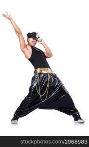 Rap dancer in wide pants on white