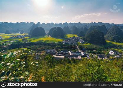 Rapeseed flower field and villages at Wanfenglin National Geological Park (Forest of Ten Thousands Peaks), China