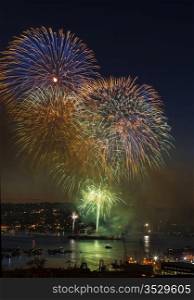 Rapid fire of fireworks off barge on Lake Union Washington