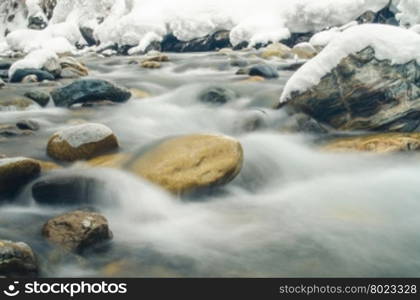 Rapidly flowing mountain river, blurred by a slow shutter speed