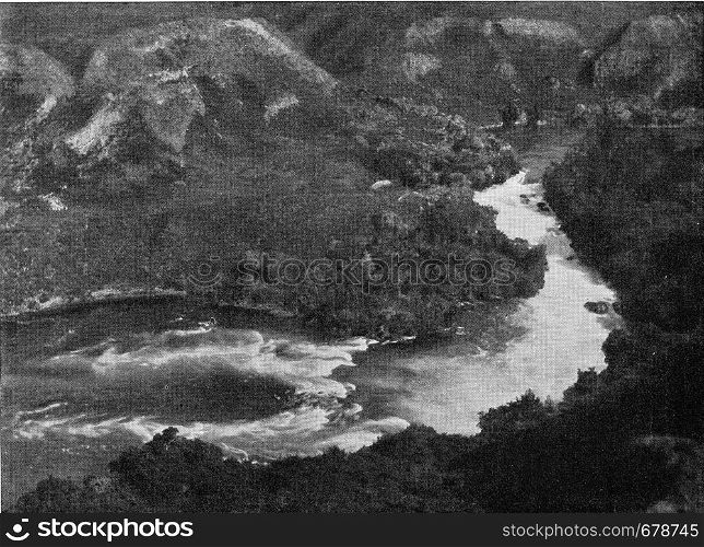 Rapids of a mountain stream, vintage engraved illustration. From the Universe and Humanity, 1910.